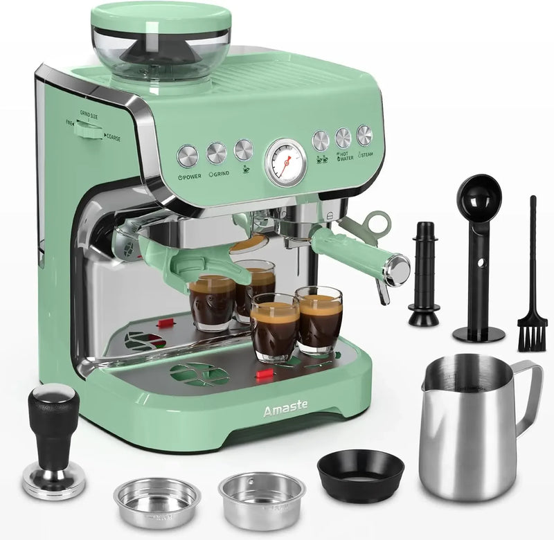 Máquina com moedor, máquina de café expresso de 15 bares com lança de vapor para latte e cappuccino, tanque de água de 68 onças, pré-infusão